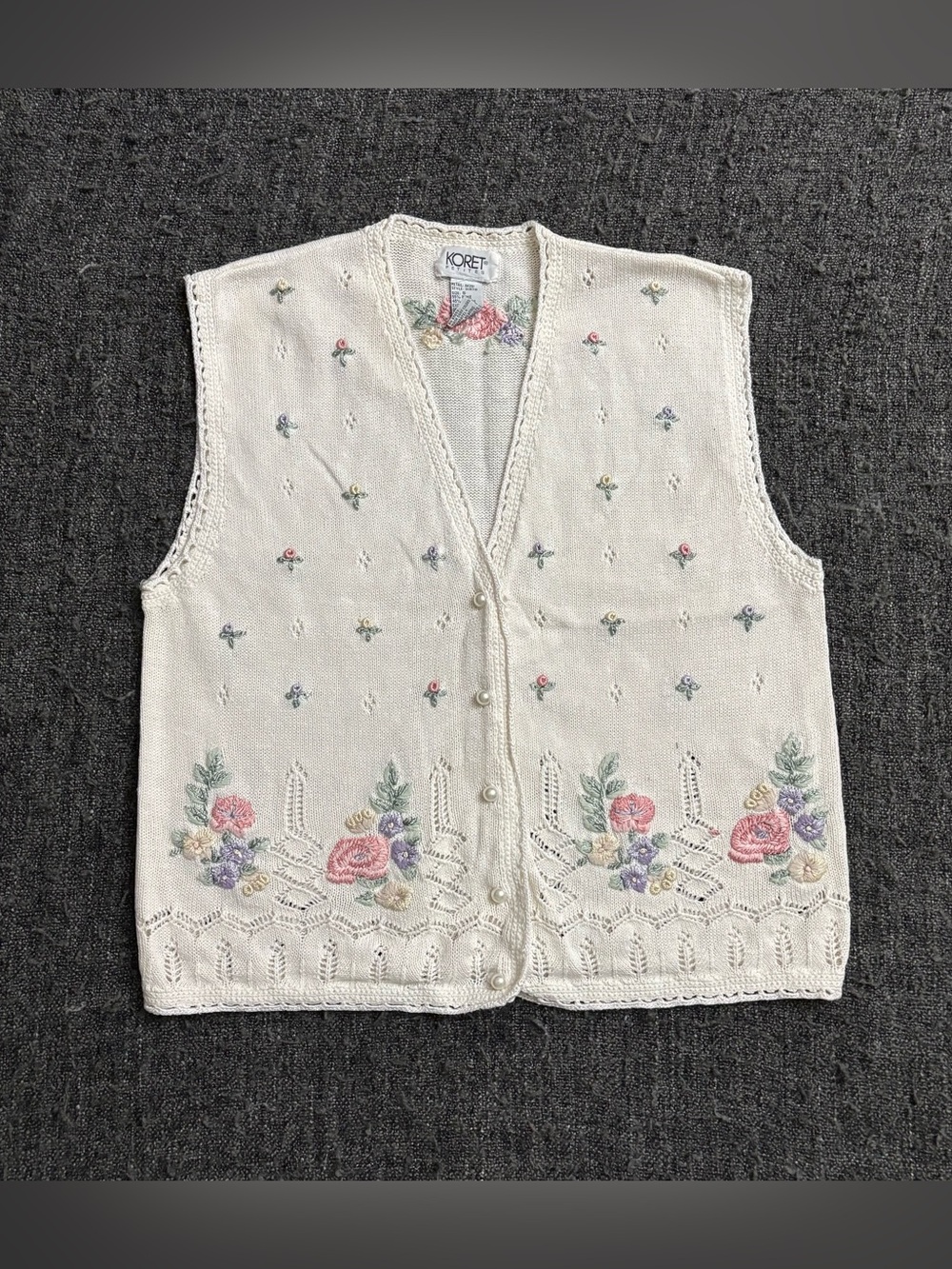 Sz S Vintage Koret Petites Floral Embroidered Knit Sweater Vest Pearl Button